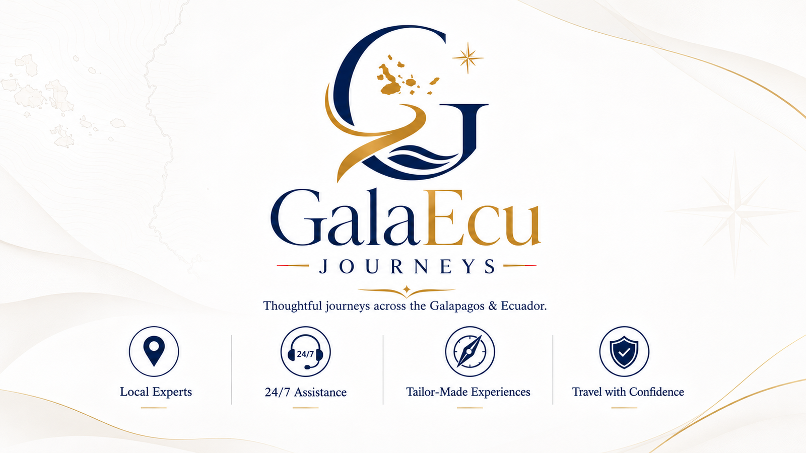 GalaEcu Journeys brand banner featuring the company logo and the values Local Experts, 24/7 Assistance, Tailor-Made Experiences, and Travel with Confidence.