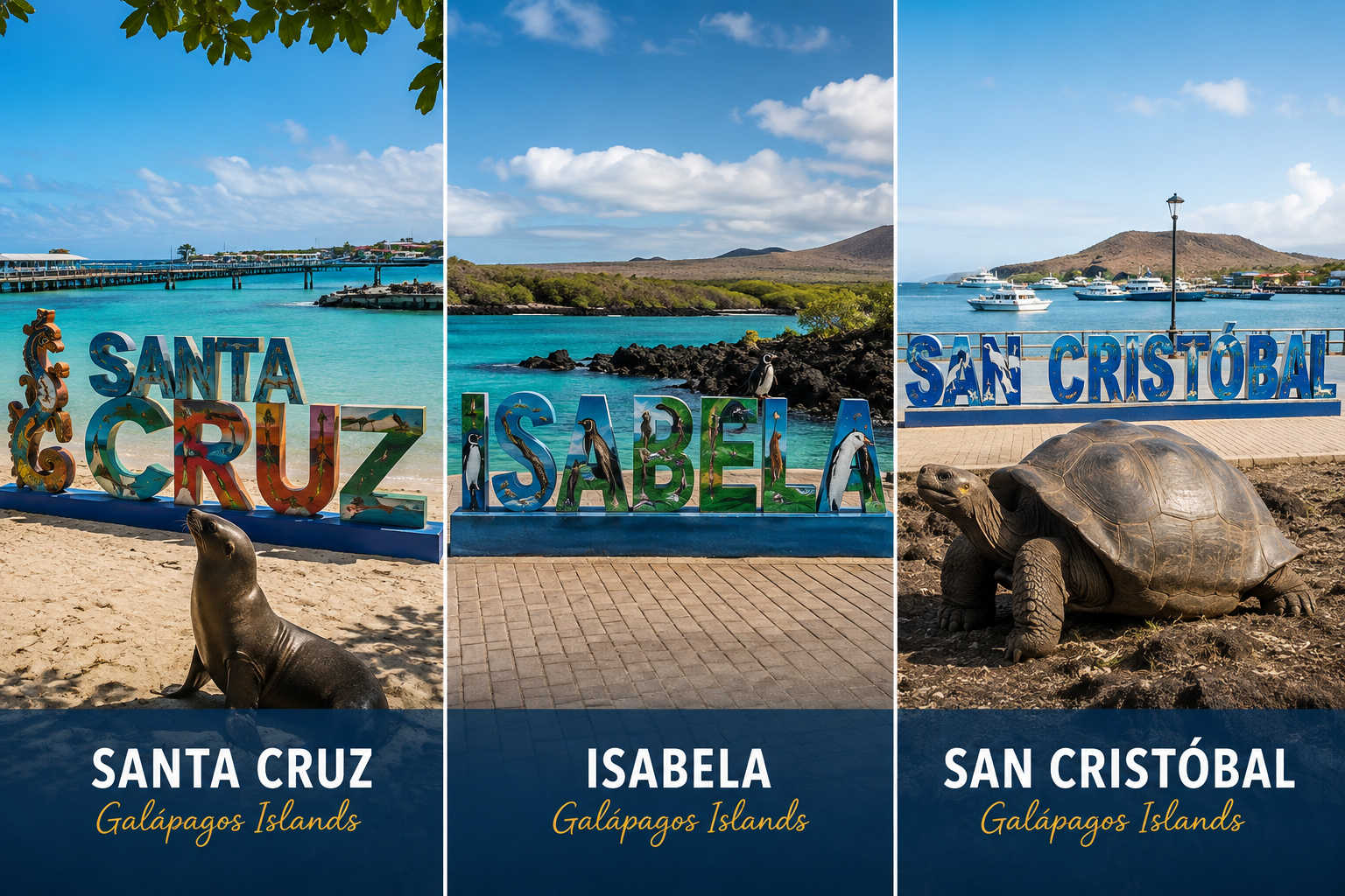 Collage showing Santa Cruz, Isabela and San Cristobal, the three main islands used for Galapagos island hopping journeys.