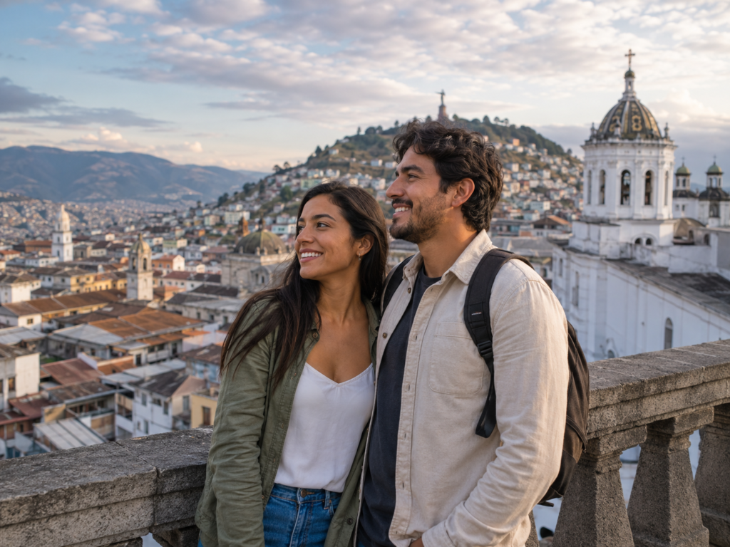 Couple enjoying a view of Quito’s historic center and surrounding Andean mountains