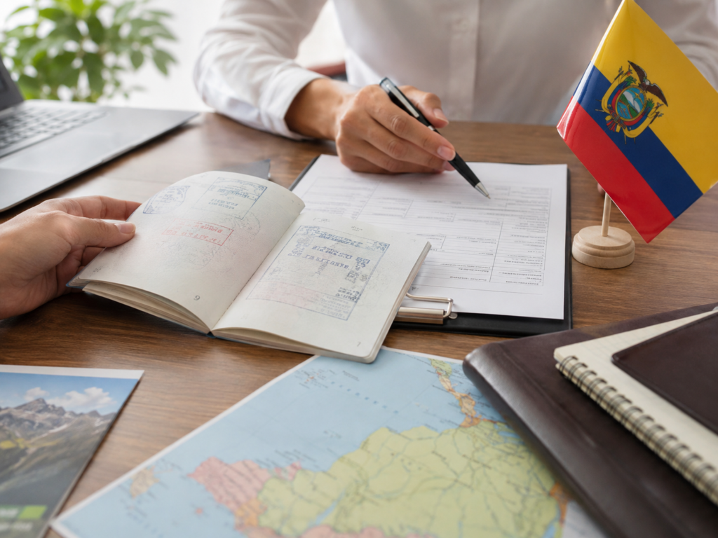 Passport, visa documents and Ecuadorian flag arranged on a desk for visa application assistance