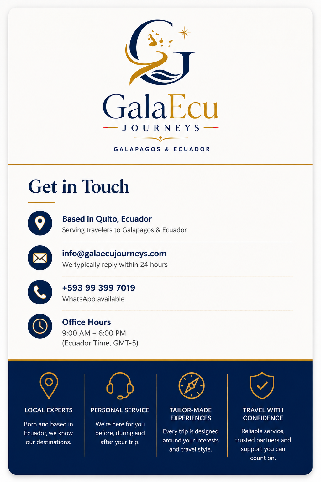 GalaEcu Journeys contact information with Quito location, email, WhatsApp and office hours
