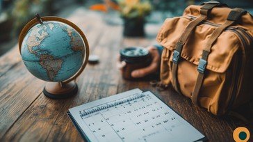 Travel planning desk with globe, notebook, map and travel documents used to organize a personalized journey.