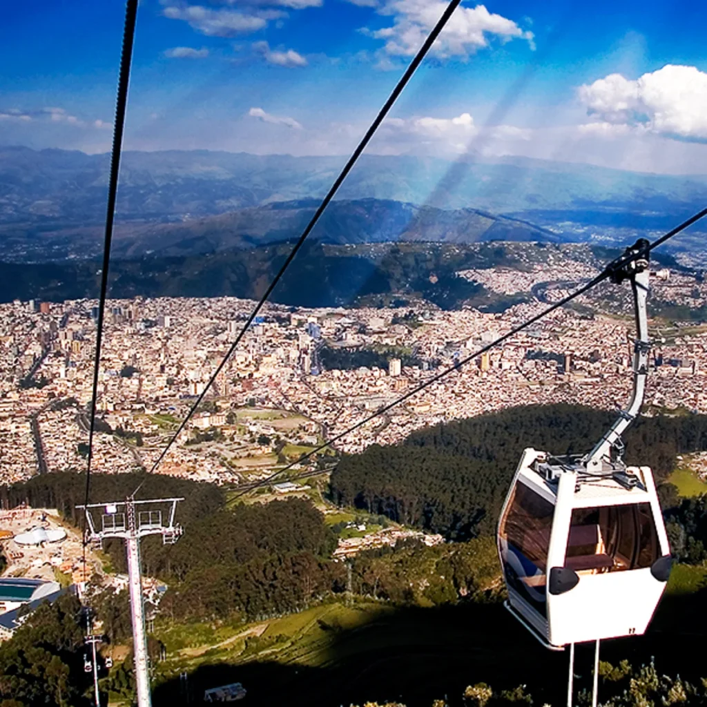 Quito TelefériQo cable car overlooking the city and surrounding Andean mountains in Ecuador.